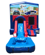 Policemen Mini Red & Blue Bounce House Combo w/ Single Lane Water Slide