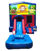 Curious George Mini Red & Blue Bounce House Combo w/ Single Lane Water Slide