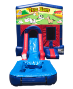 Farm House Mini Red & Blue Bounce House Combo w/ Single Lane Water Slide