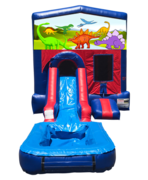 Dinosaurs Mini Red & Blue Bounce House Combo w/ Single Lane Water Slide