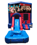 WWE Wrestling Mini Red & Blue Bounce House Combo w/ Single Lane Water Slide