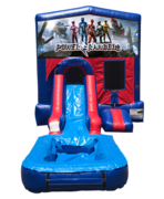 Power Rangers New Mini Red & Blue Bounce House Combo w/ Single Lane Water Slide