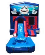 Sharks Mini Red & Blue Bounce House Combo w/ Single Lane Water Slide