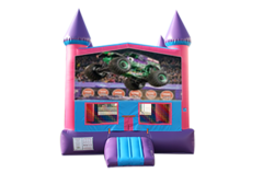 Monster Trucks Pink and Purple Castle Moonwalk w/ basketball goal
