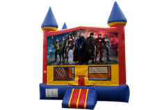 Justice League Red, Yellow, Blue Castle Moonwalk w/basketball goal