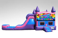 Happy Birthday Pink and Purple Bounce House Combo w/Single Lane Water Slide