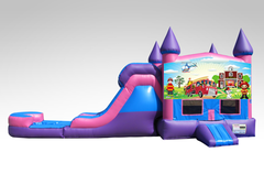 Fireman Pink and Purple Bounce House Combo w/Single Lane Water Slide