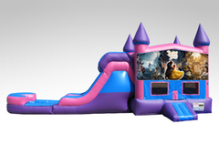 Beauty and the Beast Pink and Purple Bounce House Combo w/Single Lane Water Slide