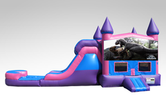 Jurassic World Pink and Purple Bounce House Combo w/Single Lane Water Slide