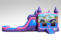 Policemen Pink and Purple Bounce House Combo w/Single Lane Water Slide