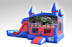 Monster Truck Red and Blue Bounce House Combo w/Dual Lane Dry Slide