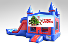 Merry Christmas Red and Blue Bounce House Combo w/Dual Lane Dry Slide