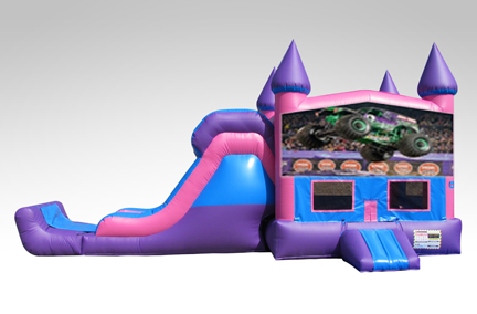 Monster Truck Pink and Purple Bounce House Combo w/Single Lane Dry Slide