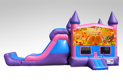 Happy Thanksgiving Pink and Purple Bounce House Combo w/Single Lane Dry Slide