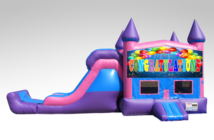 Congratulations Pink and Purple Bounce House Combo w/Single Lane Dry Slide