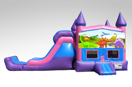 Dinosaurs Pink and Purple Bounce House Combo w/Single Lane Dry Slide