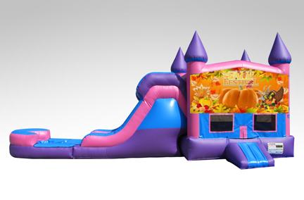 Happy Thanksgiving Pink and Purple Bounce House Combo w/Single Lane Water Slide