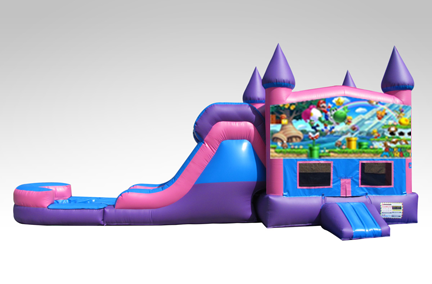 Super Mario Pink and Purple Bounce House Combo w/Single Lane Water Slide