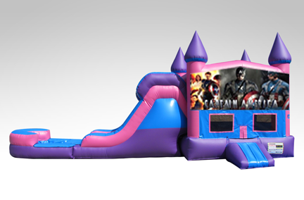 Captain America Pink and Purple Bounce House Combo w/Single Lane Water Slide