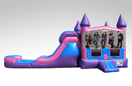 Disney Descendants Pink and Purple Bounce House Combo w/Single Lane Water Slide