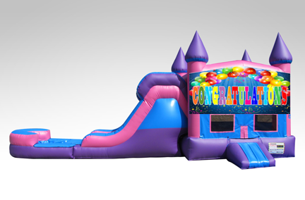 Congratulations Pink and Purple Bounce House Combo w/Single Lane Water Slide