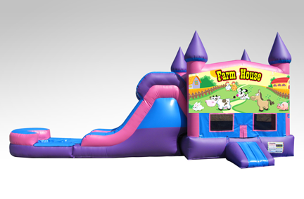 Farm House Pink and Purple Bounce House Combo w/Single Lane Water Slide