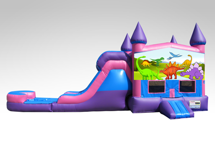 Dinosaurs Pink and Purple Bounce House Combo w/Single Lane Water Slide