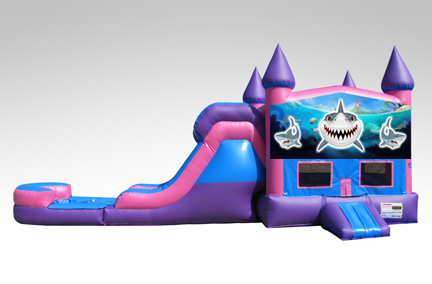 Sharks Pink and Purple Bounce House Combo w/Single Lane Water Slide