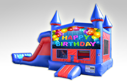 Happy Birthday Red and Blue Bounce House Combo w/Dual Lane Dry Slide