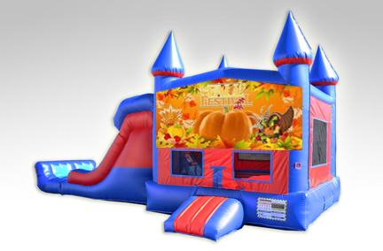 Happy Thanksgiving Red and Blue Bounce House Combo w/Dual Lane Dry Slide