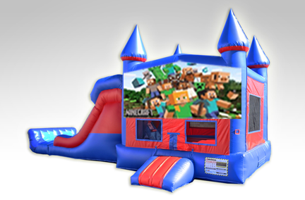 Minecraft Red and Blue Bounce House Combo w/Dual Lane Dry Slide