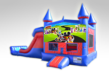 Mickey Mouse Roadster Red and Blue Bounce House Combo w/Dual Lane Dry Slide