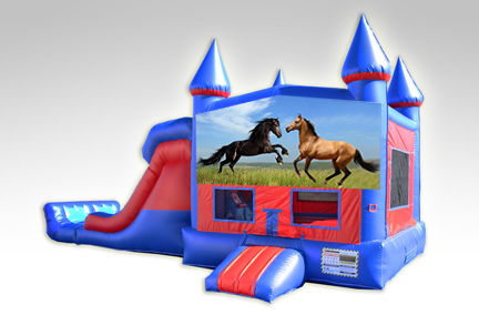 Horses Red and Blue Bounce House Combo w/Dual Lane Dry Slide