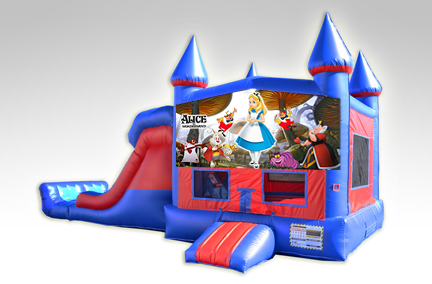 Alice in Wonderland Red and Blue Bounce House Combo w/Dual Lane Dry Slide