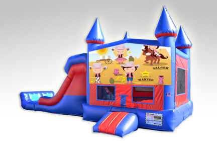 Cowgirls Red and Blue Bounce House Combo w/Dual Lane Dry Slide