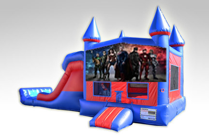Justice League Red and Blue Bounce House Combo w/Dual Lane Dry Slide