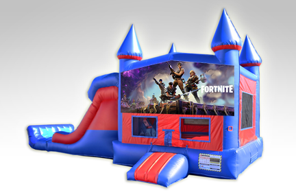 Fortnite Red and Blue Bounce House Combo w/Dual Lane Dry Slide