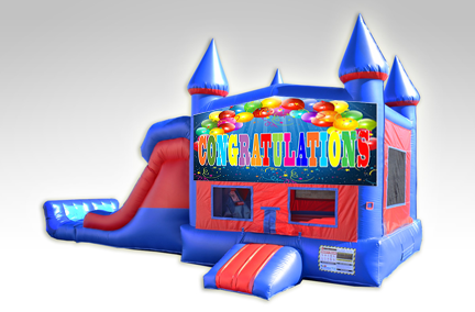 Congratulations Red and Blue Bounce House Combo w/Dual Lane Dry Slide