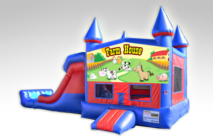 Farm House Red and Blue Bounce House Combo w/Dual Lane Dry Slide