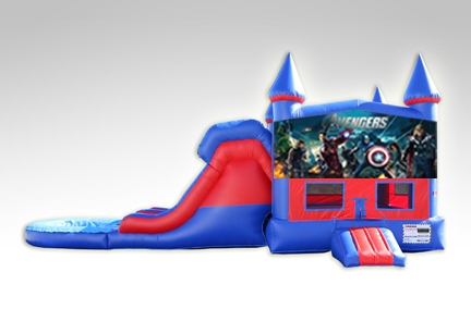 Avengers Red and Blue Bounce House Combo w/Dual Lane Water Slide inflated landing