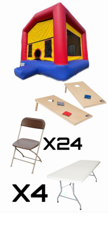 PACKAGE DEAL (1) MC BOY BOUNCER (24) BROWN CHAIRS (4) TABLES (1) CORN HOLE