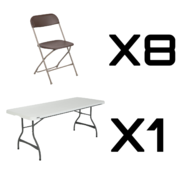 PACKAGE DEAL (1) 6FT TABLE & (8) BROWN CHAIR 