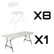PACKAGE DEAL (1) 6FT TABLE & (8) WHITE CHAIR