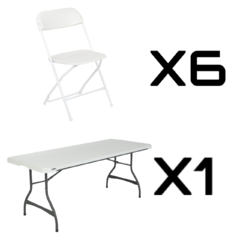 PACKAGE DEAL (1) 6FT TABLE & (6) WHITE CHAIR