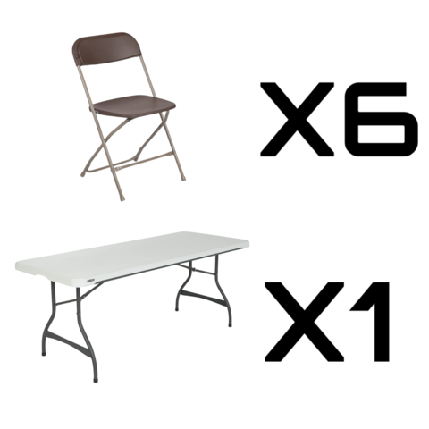 PACKAGE DEAL (1) 6FT TABLE & (6) BROWN CHAIR 