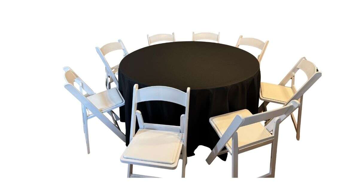 white resin chairs with round and rectangular tables backyard setup