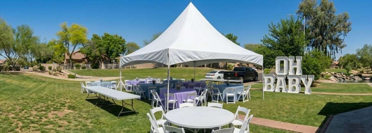 Party rentals setup in Peoria AZ - tables chairs canopy tent by Johnny's Party Co