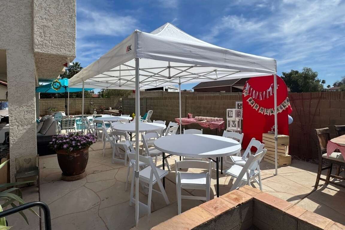 Canopy set up for a backyard birthday party