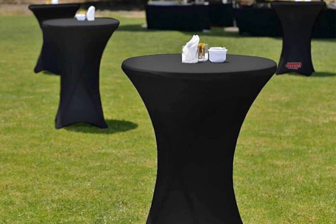 Black spandex cocktail table rentals in Scottsdale, AZ