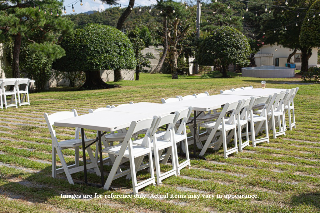 6 ft rectangular tables with white Resin chairs set up in a backyard with string lights for an outdoor event in Glendale AZ 6 ft rectangular tables with white Resin chairs set up in a backyard with string lights for an outdoor event in Glendale AZ